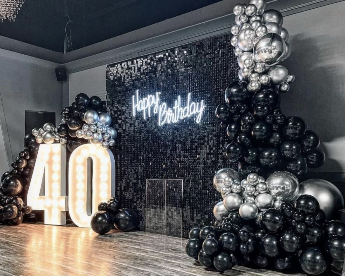 Black and silver balloon backdrop with marquee number